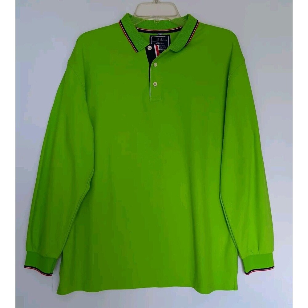 ISIFI Men's  XL Bright Green Long Sleeve Golf Shirt W/Red And Blue Stripe Collar